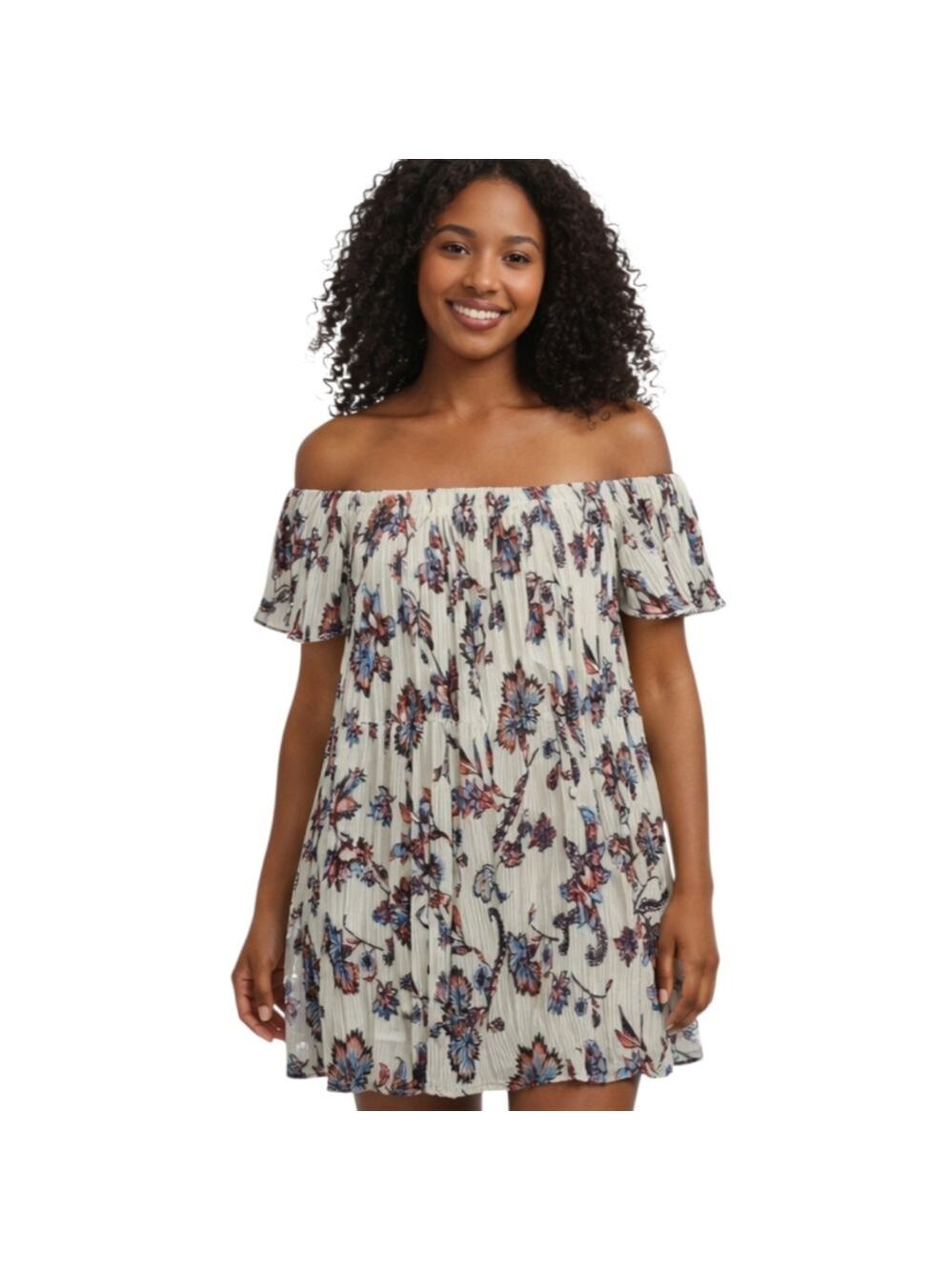 Love Fire White Pleated Floral Print Off-Shoulder Dress Large
